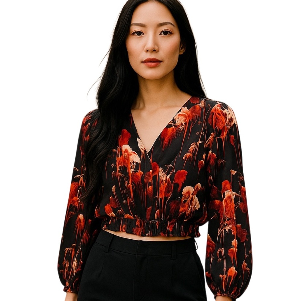Talula Aritzia Women's L/S Crop Blouse Sz Small Black Red Floral Party Top
